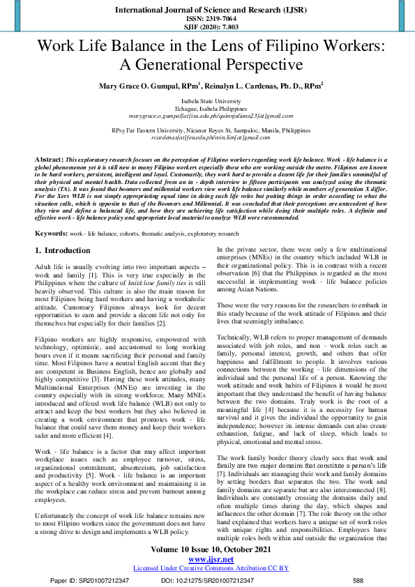 (PDF) Work Life Balance in the Lens of Filipino Workers: A Generational ...