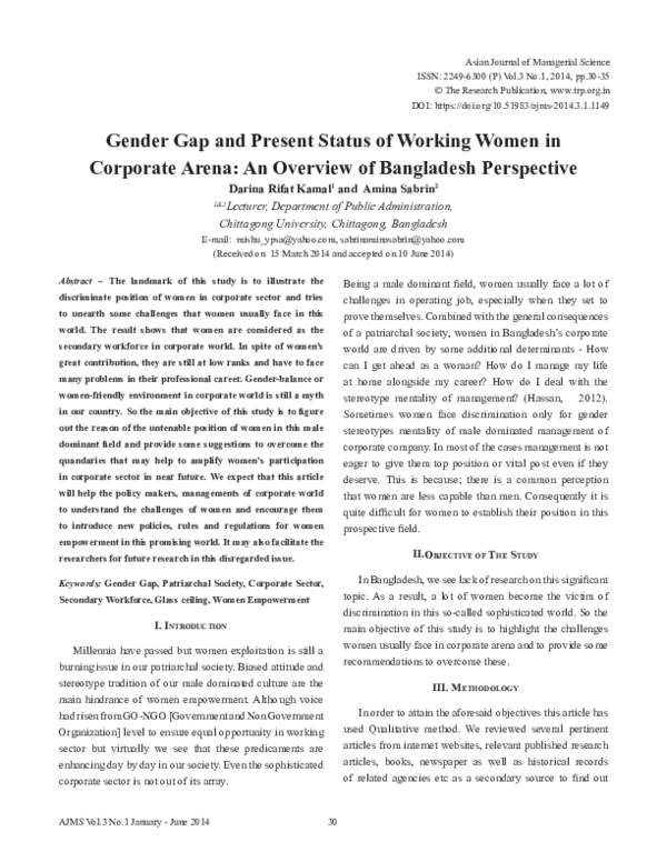 (PDF) Gender Gap and Present Status of Working Women in Corporate Arena ...