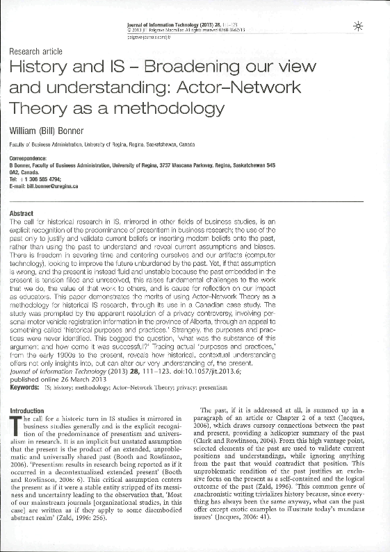(PDF) History and IS – Broadening Our View and Understanding: Actor ...