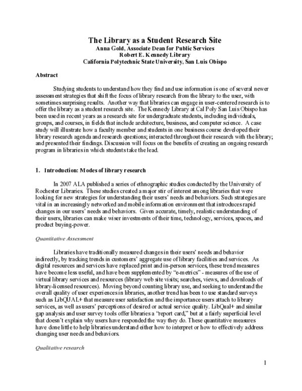 (PDF) The Library As A Student Research Site