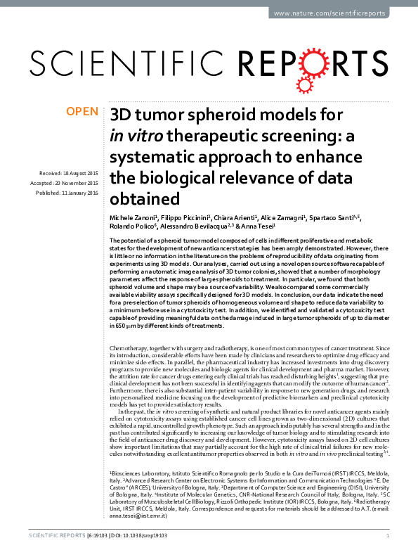 (PDF) 3D tumor spheroid models for in vitro therapeutic screening: a ...