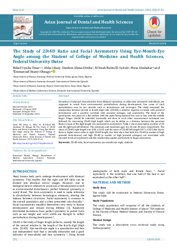 (PDF) The Study of 2D4D Ratio and Facial Asymmetry Using EyeMouthEye