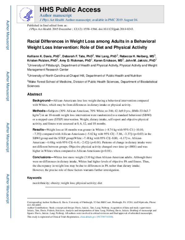 (PDF) Racial Differences in Weight Loss Among Adults in a Behavioral ...