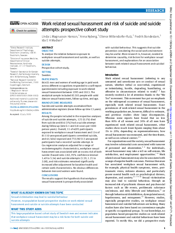 (PDF) Work related sexual harassment and risk of suicide and suicide ...