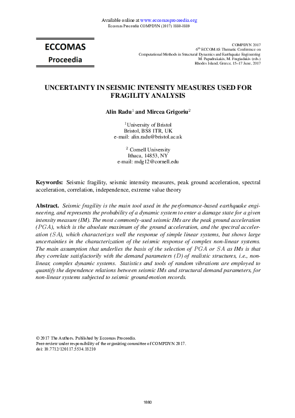 (PDF) Uncertainty in Seismic Intensity Measures Used for Fragility Analysis