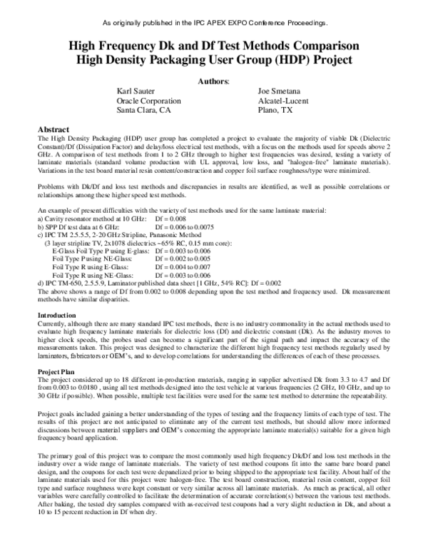(PDF) High Frequency Dk and Df Test Methods Comparison High Density ...