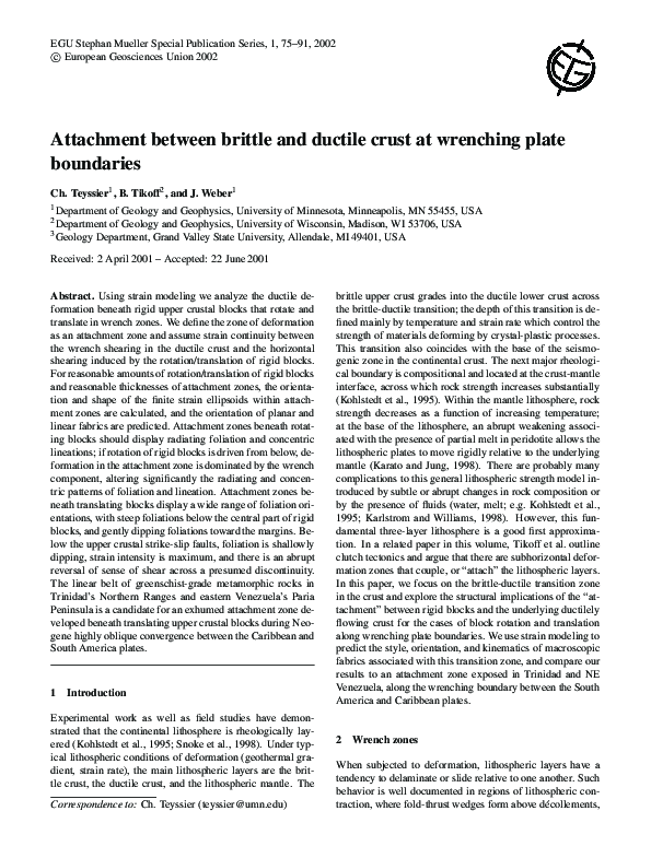 (PDF) Attachment between brittle and ductile crust at wrenching plate