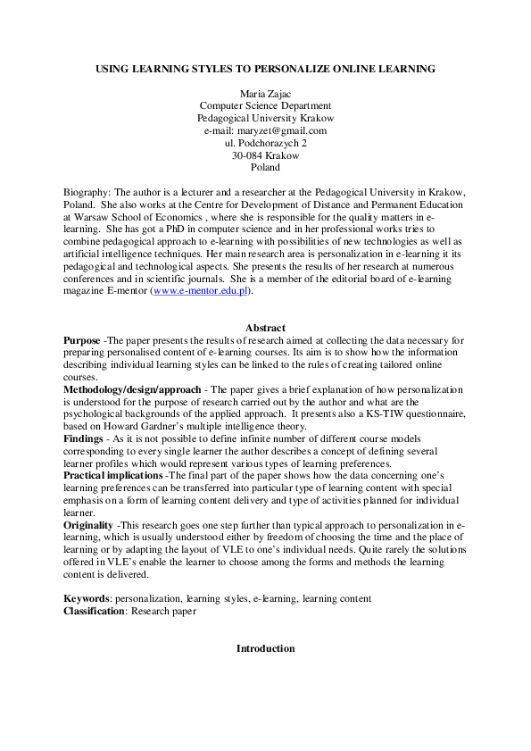 (PDF) Using learning styles to personalize online learning