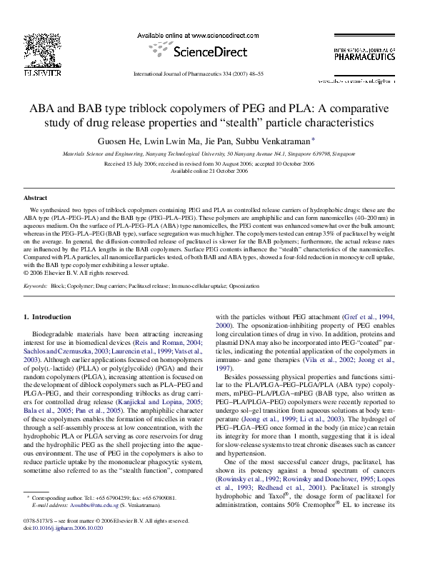 (PDF) ABA and BAB type triblock copolymers of PEG and PLA: a ...