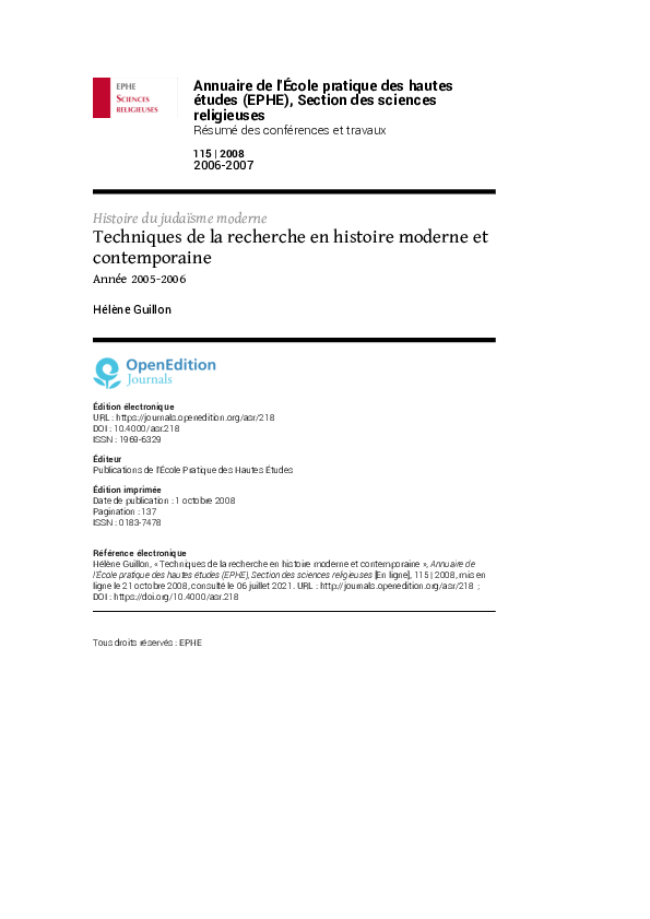 (PDF) Techniques de la recherche en histoire moderne et contemporaine
