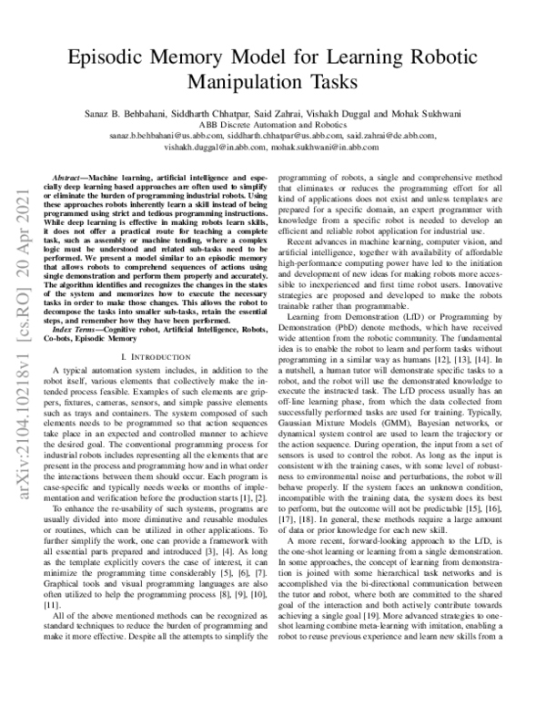 (PDF) Episodic Memory Model for Learning Robotic Manipulation Tasks