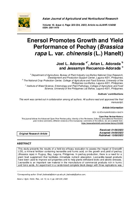 (PDF) Enersol Promotes Growth and Yield Performance of Pechay (Brassica ...