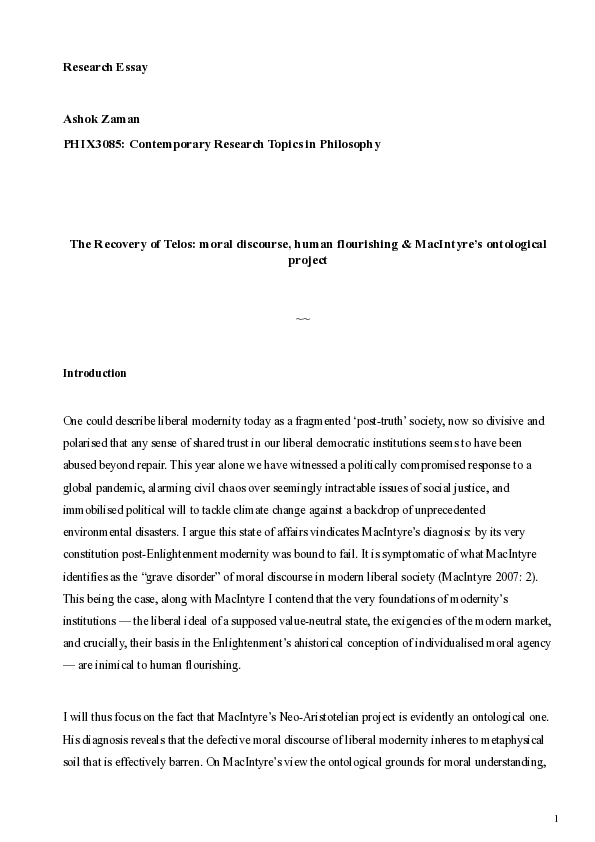 (PDF) The Recovery of Telos: moral discourse, human flourishing ...