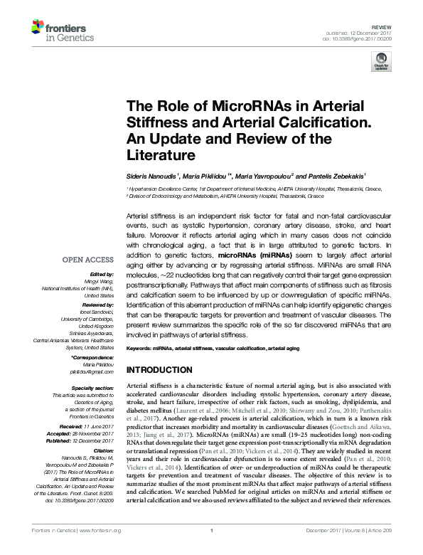 (PDF) The Role of MicroRNAs in Arterial Stiffness and Arterial ...