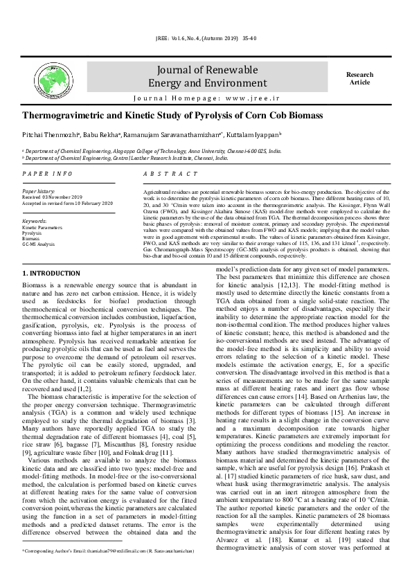(PDF) Thermogravimetric and Kinetic Study of Pyrolysis of Corn Cob Biomass