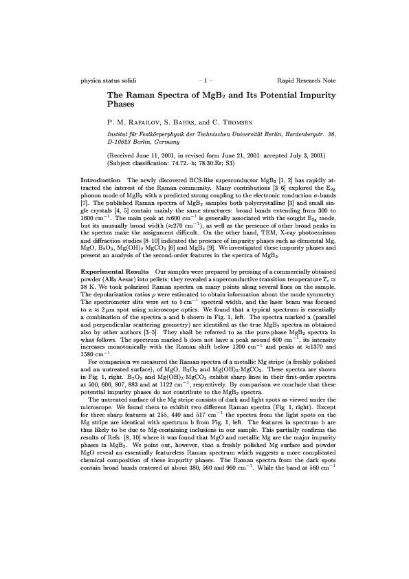 (PDF) The Raman Spectra of MgB2 and Its Potential Impurity Phases