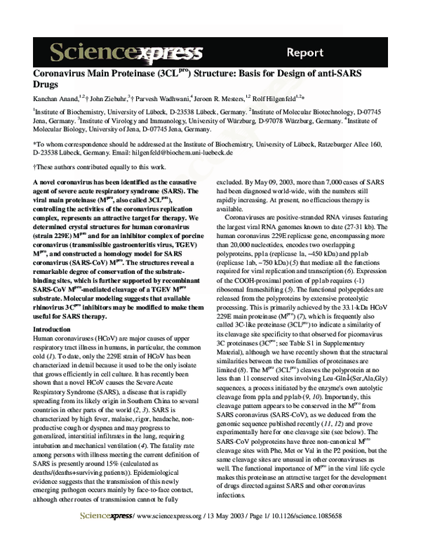 (PDF) Coronavirus Main Proteinase (3CL pro ) Structure: Basis for ...