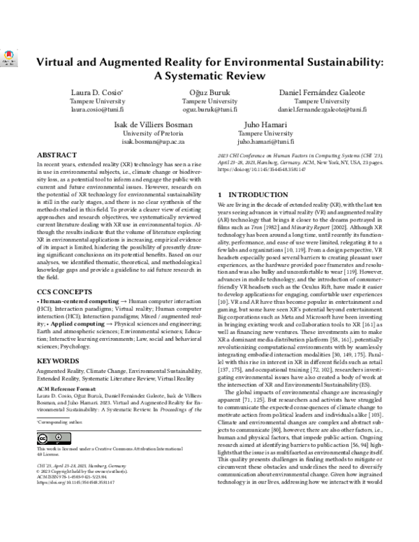 (PDF) Virtual and Augmented Reality for Environmental Sustainability: A ...
