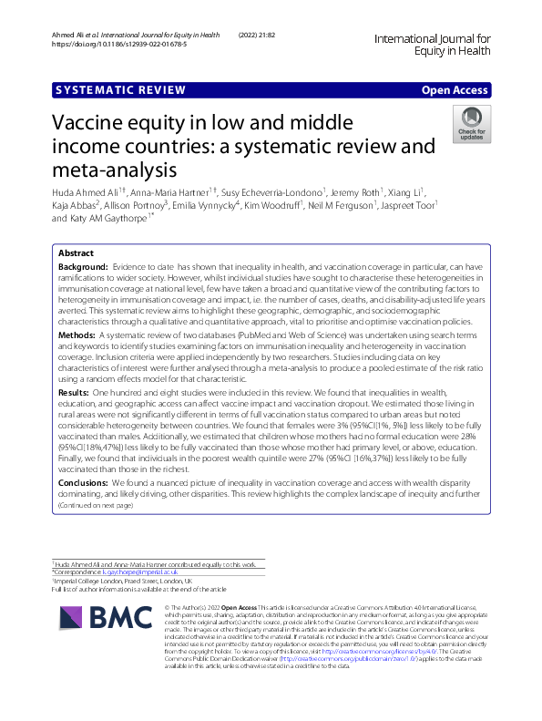 (PDF) Vaccine Equity in Low and Middle Income Countries: A Systematic ...