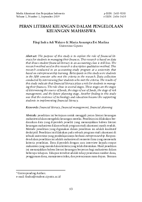 (PDF) Peran Literasi Keuangan Dalam Pengelolaan Keuangan Mahasiswa