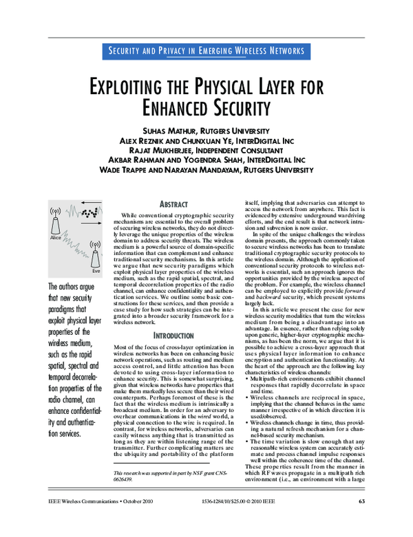 (PDF) Exploiting the physical layer for enhanced security [Security and ...
