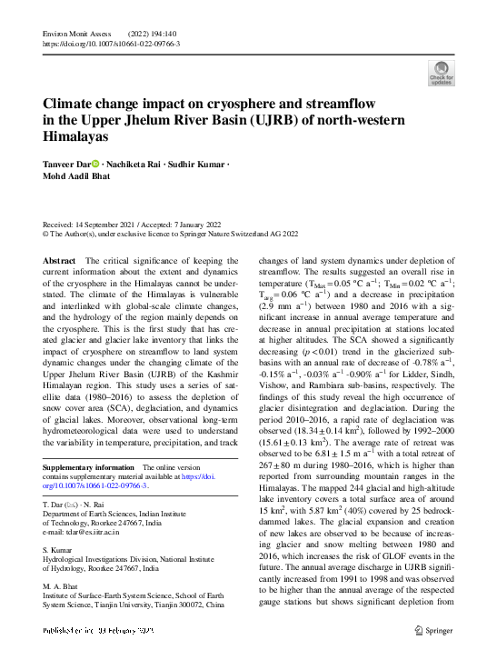 (PDF) Climate change impact on cryosphere and streamflow in the Upper ...
