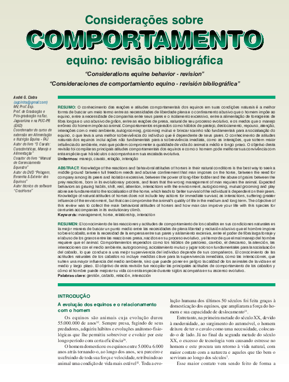 (PDF) Consideracoes sobre Comportamento Equino Revisao Bibliografica ...