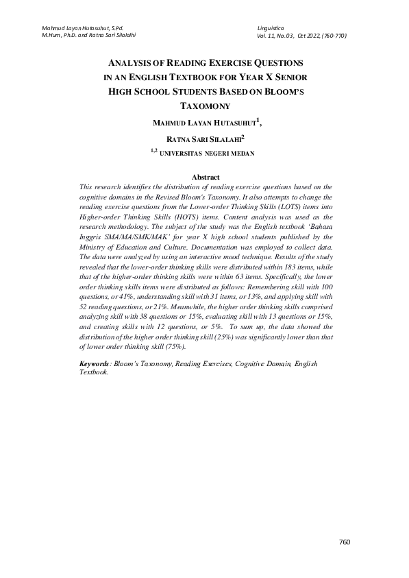 (PDF) Analysis of Reading Exercise Questions in an English Textbook for ...