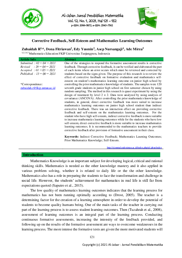 (PDF) Corrective Feedback, Self-Esteem and Mathematics Learning Outcomes