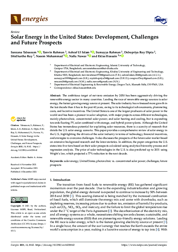 (PDF) Solar Energy in the United States: Development, Challenges and ...