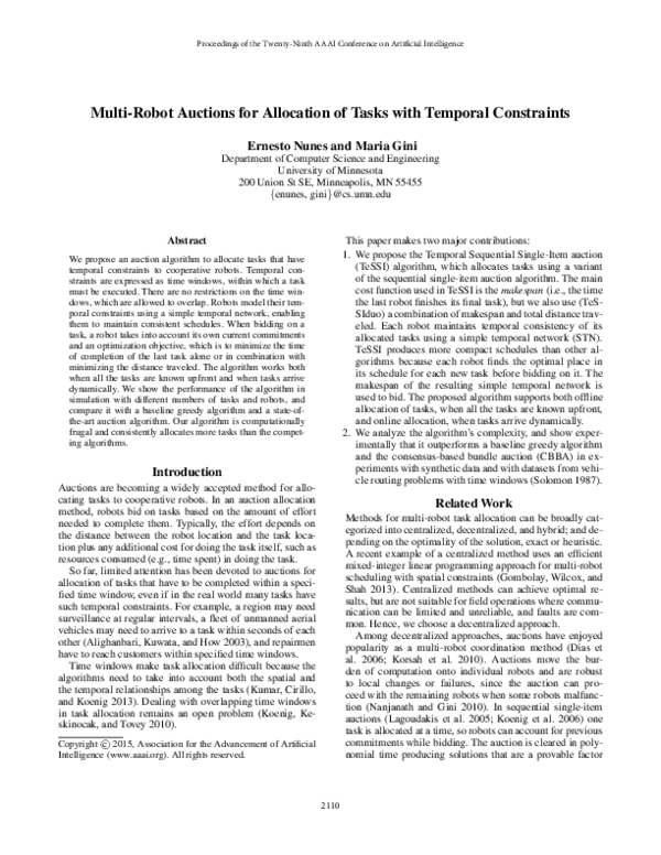 (PDF) Multi-Robot Auctions for Allocation of Tasks with Temporal ...