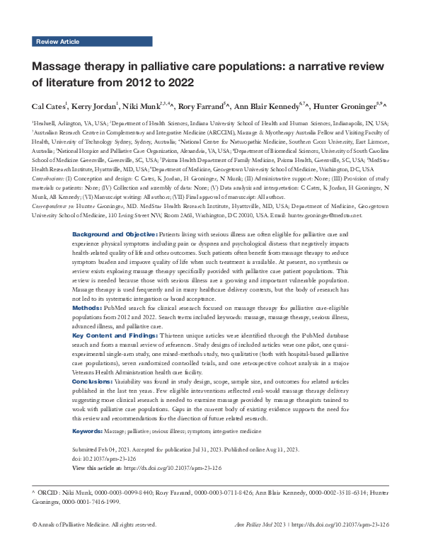 (PDF) Massage therapy in palliative care populations: a narrative ...
