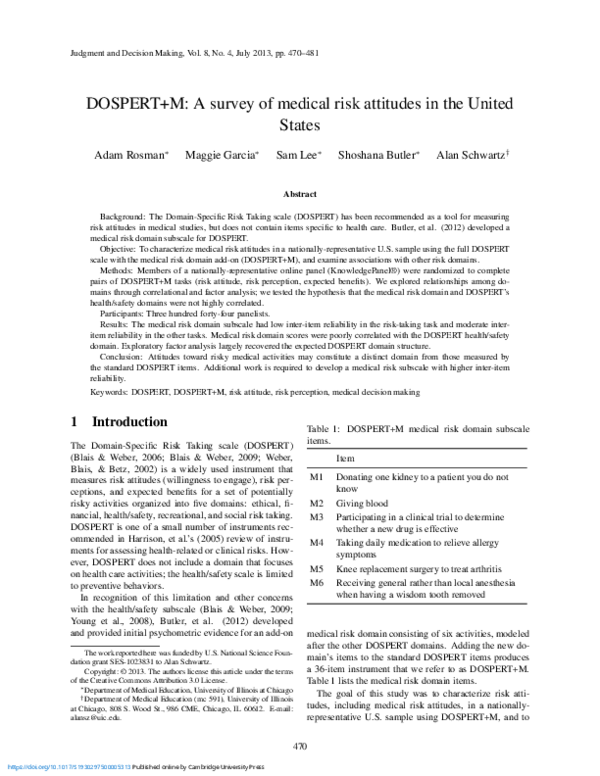 (PDF) DOSPERT+M: A survey of medical risk attitudes in the United States