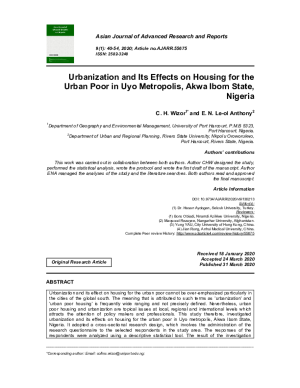 (PDF) Urbanization and Its Effects on Housing for the Urban Poor in Uyo ...
