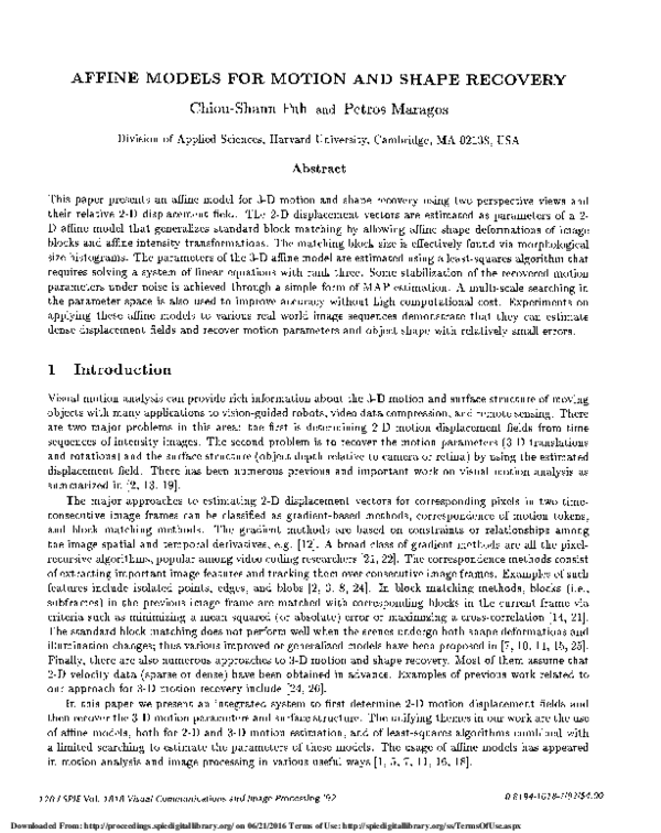(PDF) Affine models for motion and shape recovery