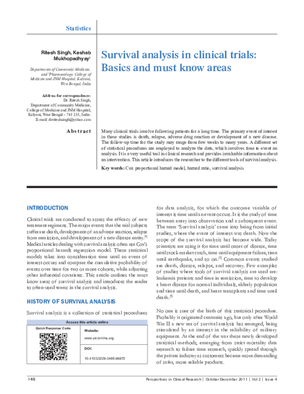 (PDF) Survival analysis in clinical trials: Basics and must know areas
