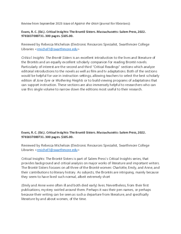 ブロンテ姉妹 BronteSisters Critical Assessment Salem Press - Critical Insights: The Brontë Sisters
