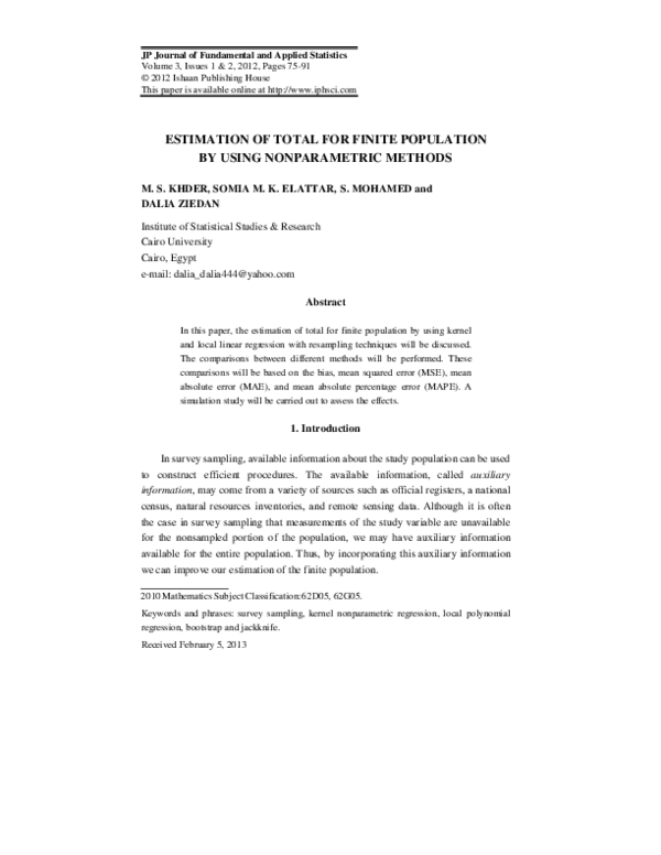 (PDF) ESTIMATION OF TOTAL FOR FINITE POPULATION BY USING NONPARAMETRIC ...