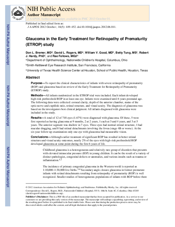 (PDF) Glaucoma in the Early Treatment for Retinopathy of Prematurity ...