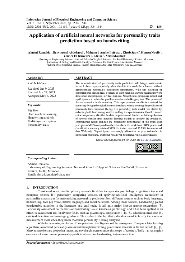 (PDF) Application of artificial neural networks for personality traits ...