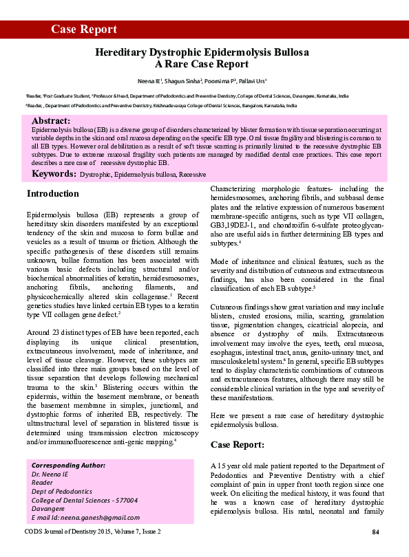 (PDF) Hereditary Dystrophic Epidermolysis Bullosa A Rare Case Report