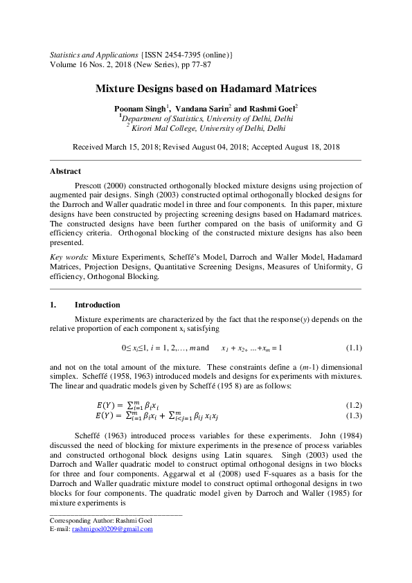 (PDF) Mixture Designs based on Hadamard Matrices