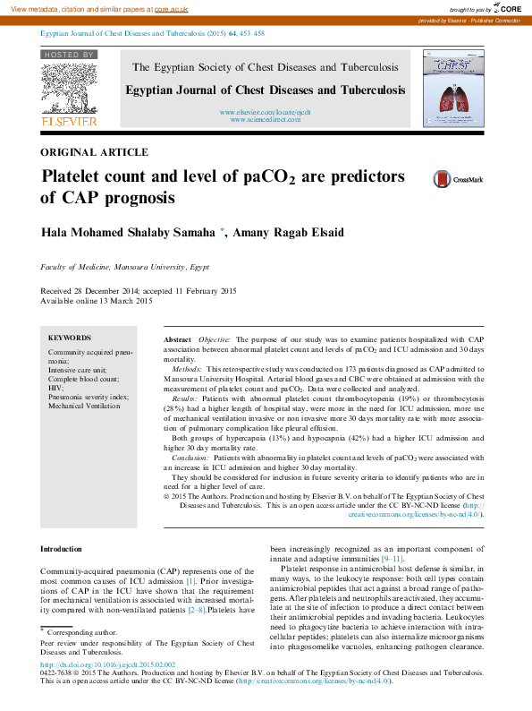 (PDF) Platelet count and level of paCO2 are predictors of CAP prognosis