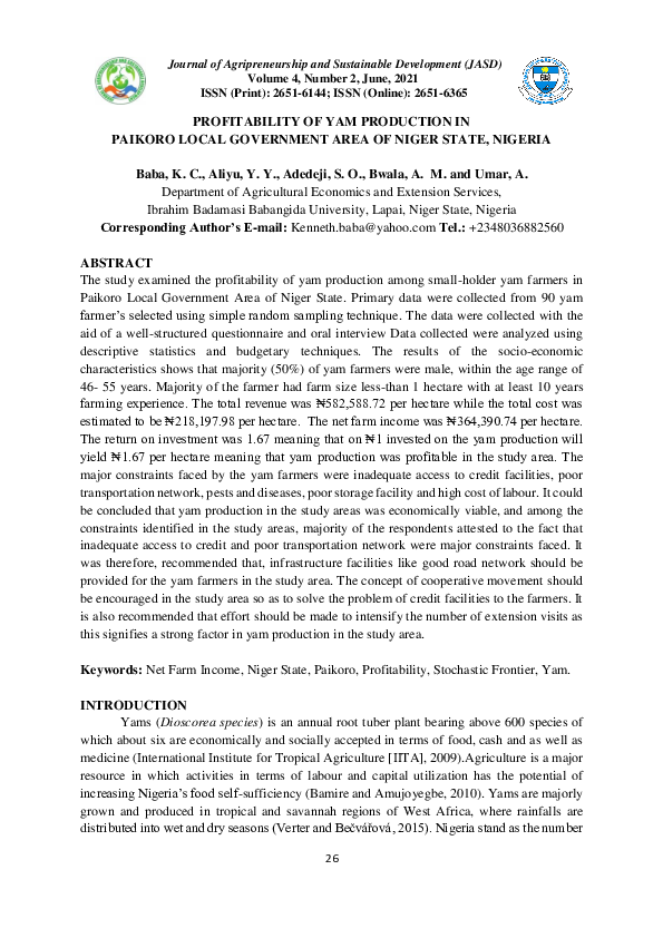 (PDF) Profitability of Yam Production in Paikoro Local Government Area ...
