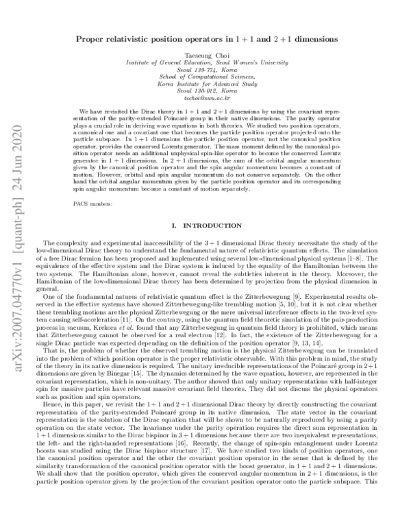 (PDF) Proper relativistic position operators in 1+1 and 2+1 dimensions