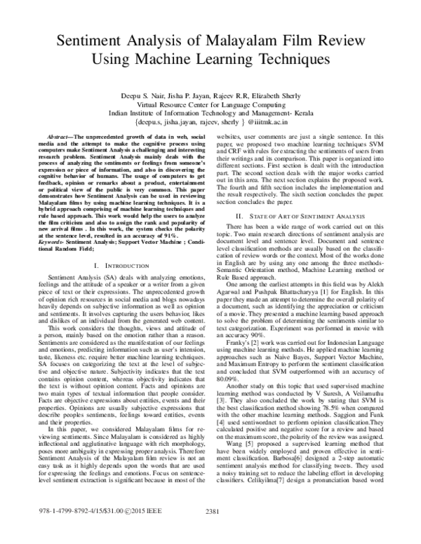 (PDF) Sentiment Analysis of Malayalam film review using machine ...