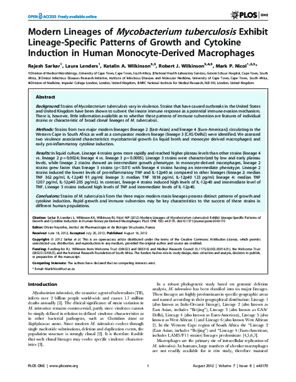 (PDF) Modern Lineages of Mycobacterium tuberculosis Exhibit Lineage ...