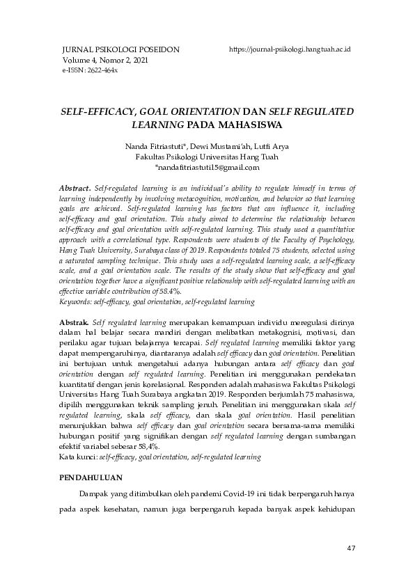 (PDF) Self-Efficacy, Goal Orientation Dan Self Regulated Learning Pada ...