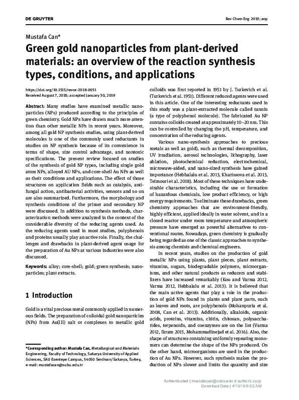 (PDF) Green gold nanoparticles from plant-derived materials: an ...