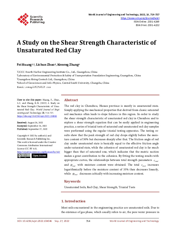 (PDF) A Study on the Shear Strength Characteristic of Unsaturated Red Clay